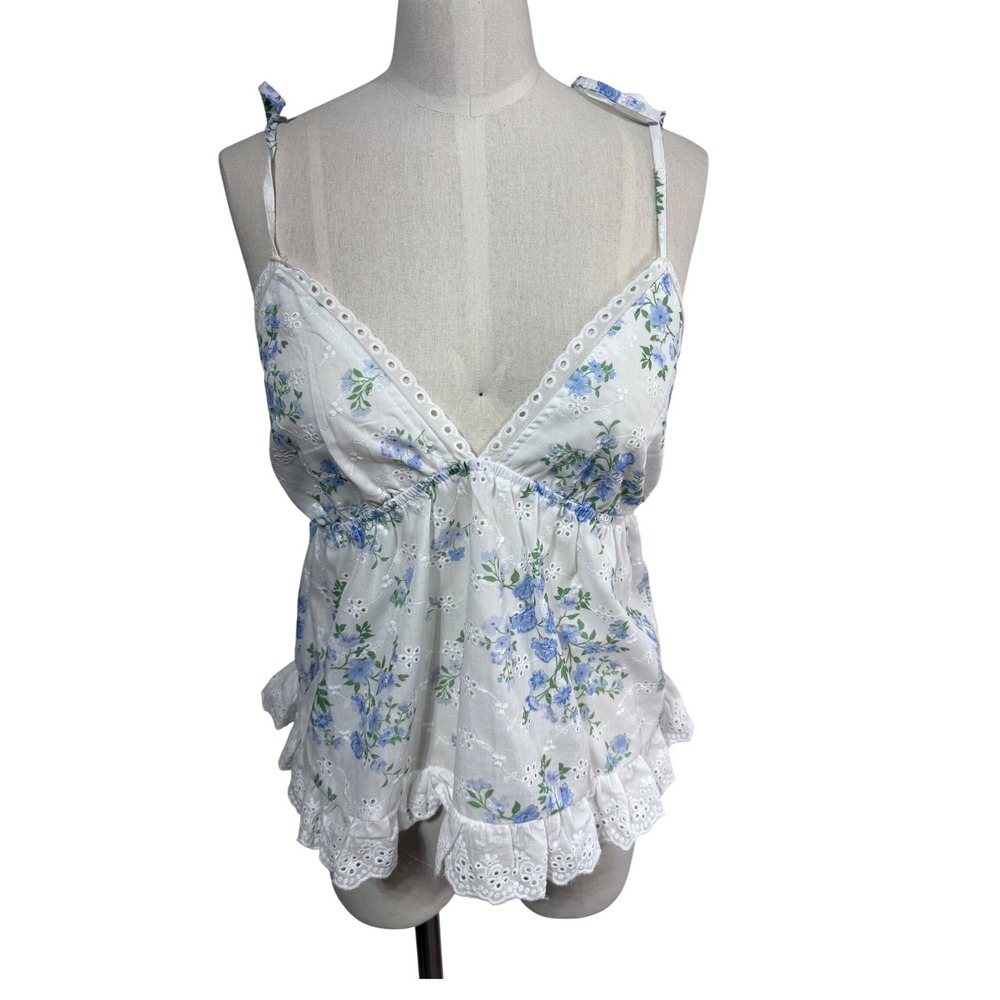 HYFVE Women's L White Blue Floral Eyelet Cami Top Ruffle Hem Boho Dry Goods New